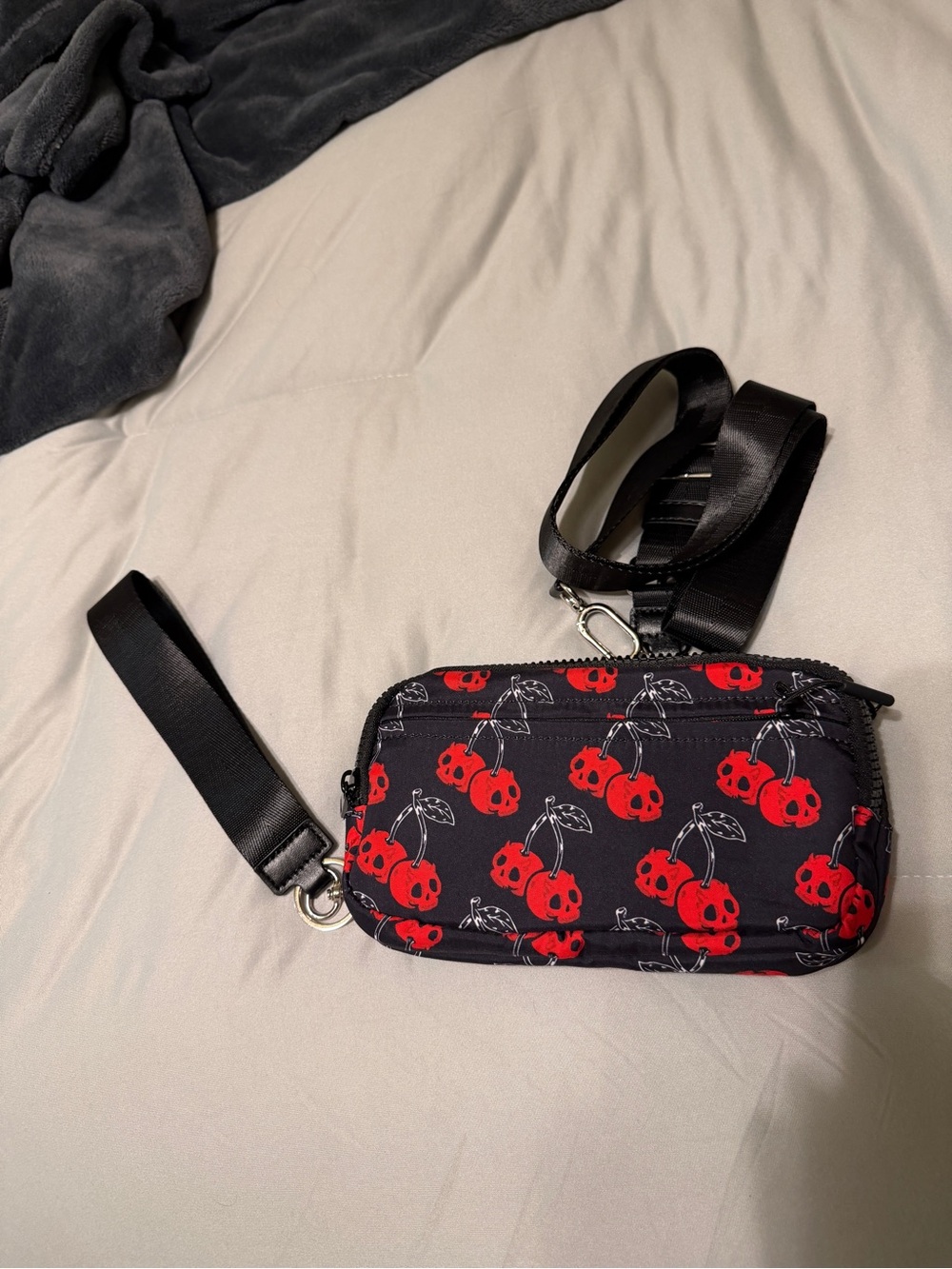 Black Crossbody Bag with Red Cherry Print